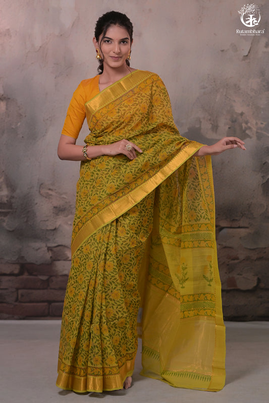 Siyahi - Green Handwoven Hand Block Printed Gold Zari Border Cotton Saree