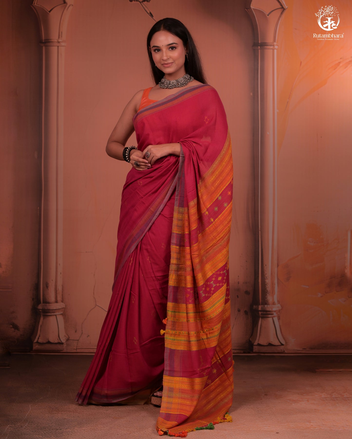 JESAAL - Statement Tussar Cotton Saree with Multicolour Kutchi Border