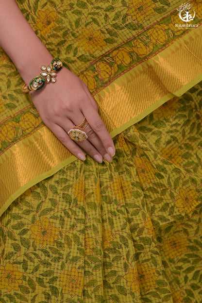 Siyahi - Green Handwoven Hand Block Printed Gold Zari Border Cotton Saree-Rutambhara-RUTAMBHARA