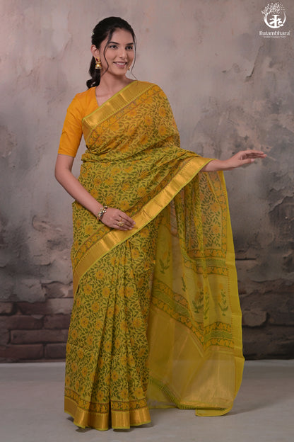 Siyahi - Green Handwoven Hand Block Printed Gold Zari Border Cotton Saree-Rutambhara-RUTAMBHARA