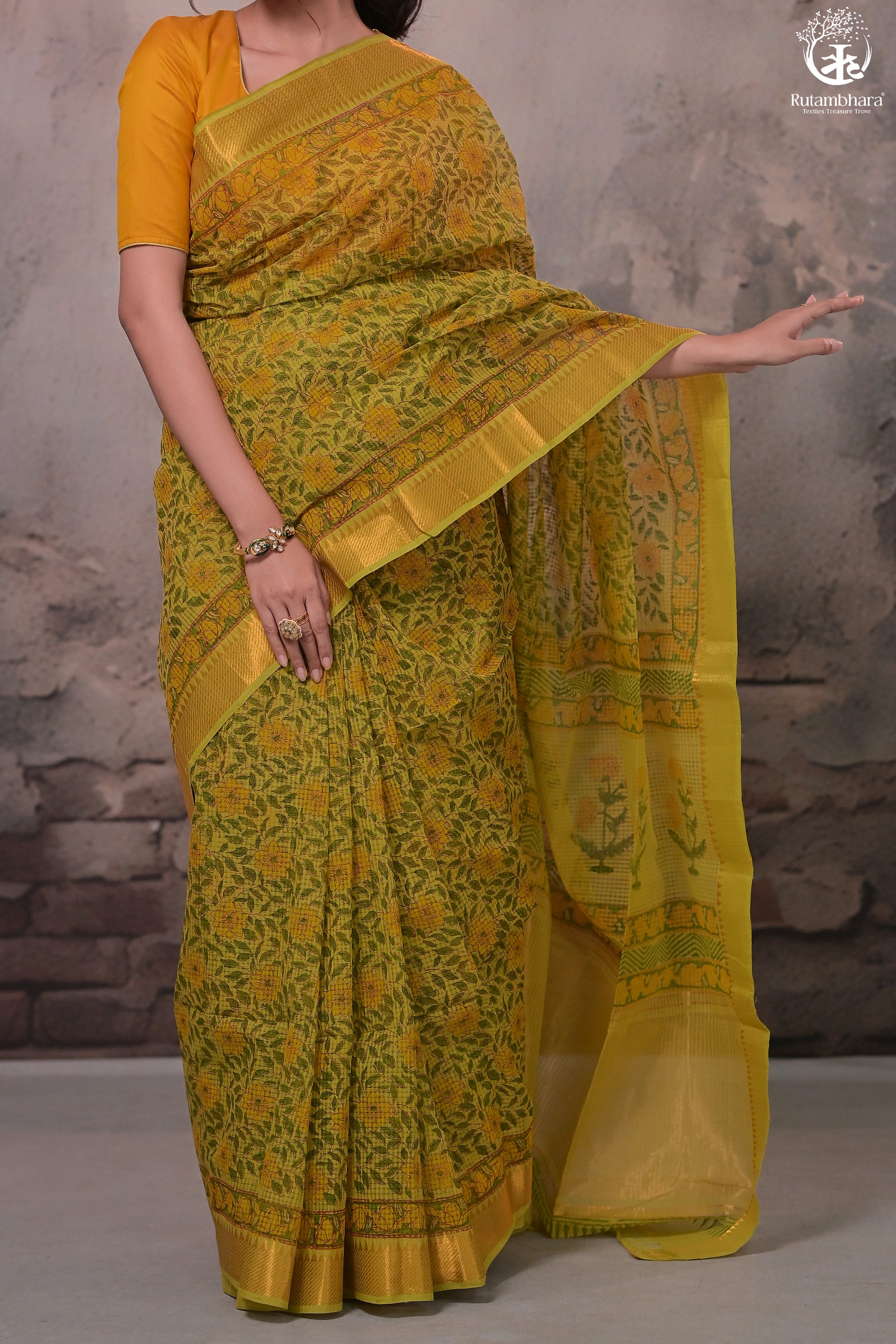 Siyahi - Green Handwoven Hand Block Printed Gold Zari Border Cotton Saree-Rutambhara-RUTAMBHARA