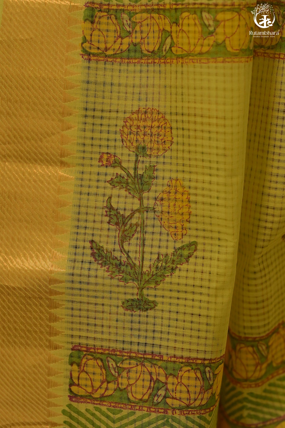 Siyahi - Green Handwoven Hand Block Printed Gold Zari Border Cotton Saree