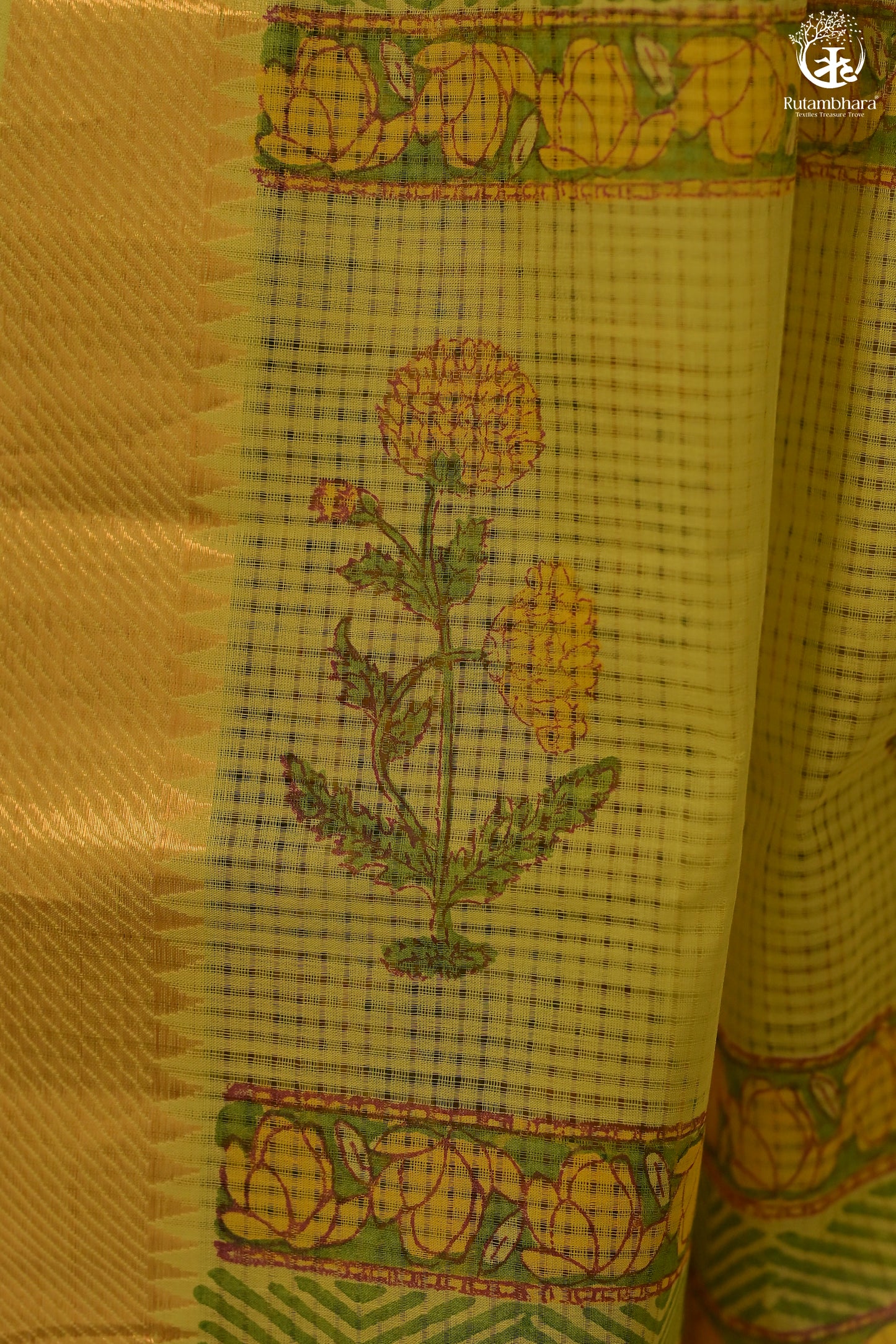 Siyahi - Green Handwoven Hand Block Printed Gold Zari Border Cotton Saree