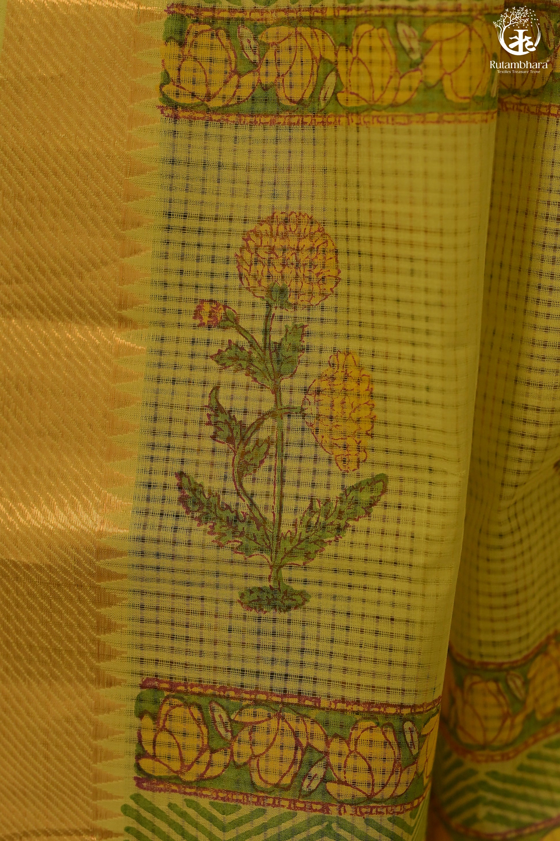 Siyahi - Green Handwoven Hand Block Printed Gold Zari Border Cotton Saree-Rutambhara-RUTAMBHARA