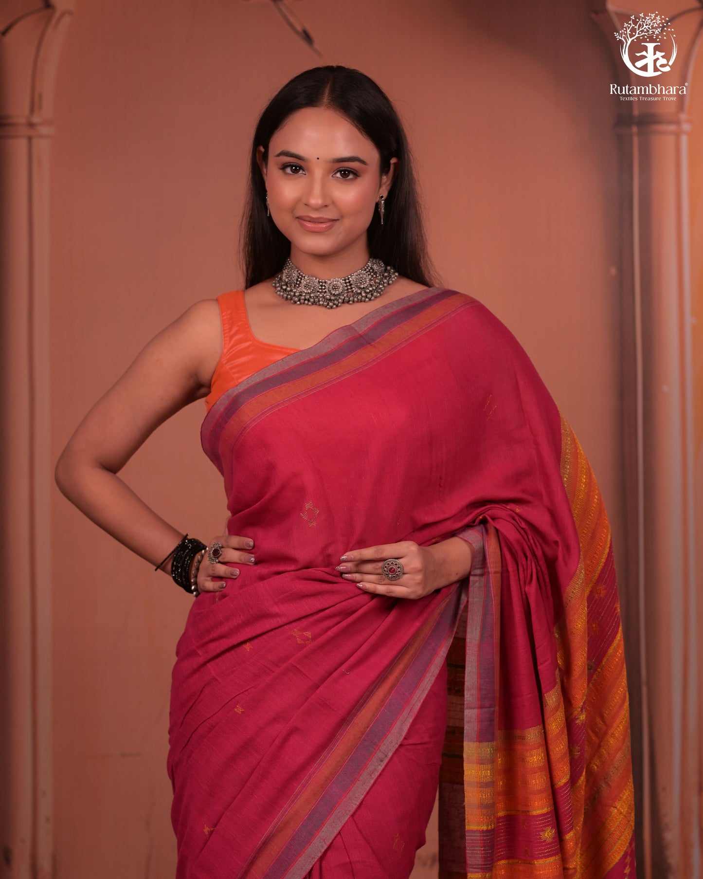 JESAAL - Statement Tussar Cotton Saree with Multicolour Kutchi Border