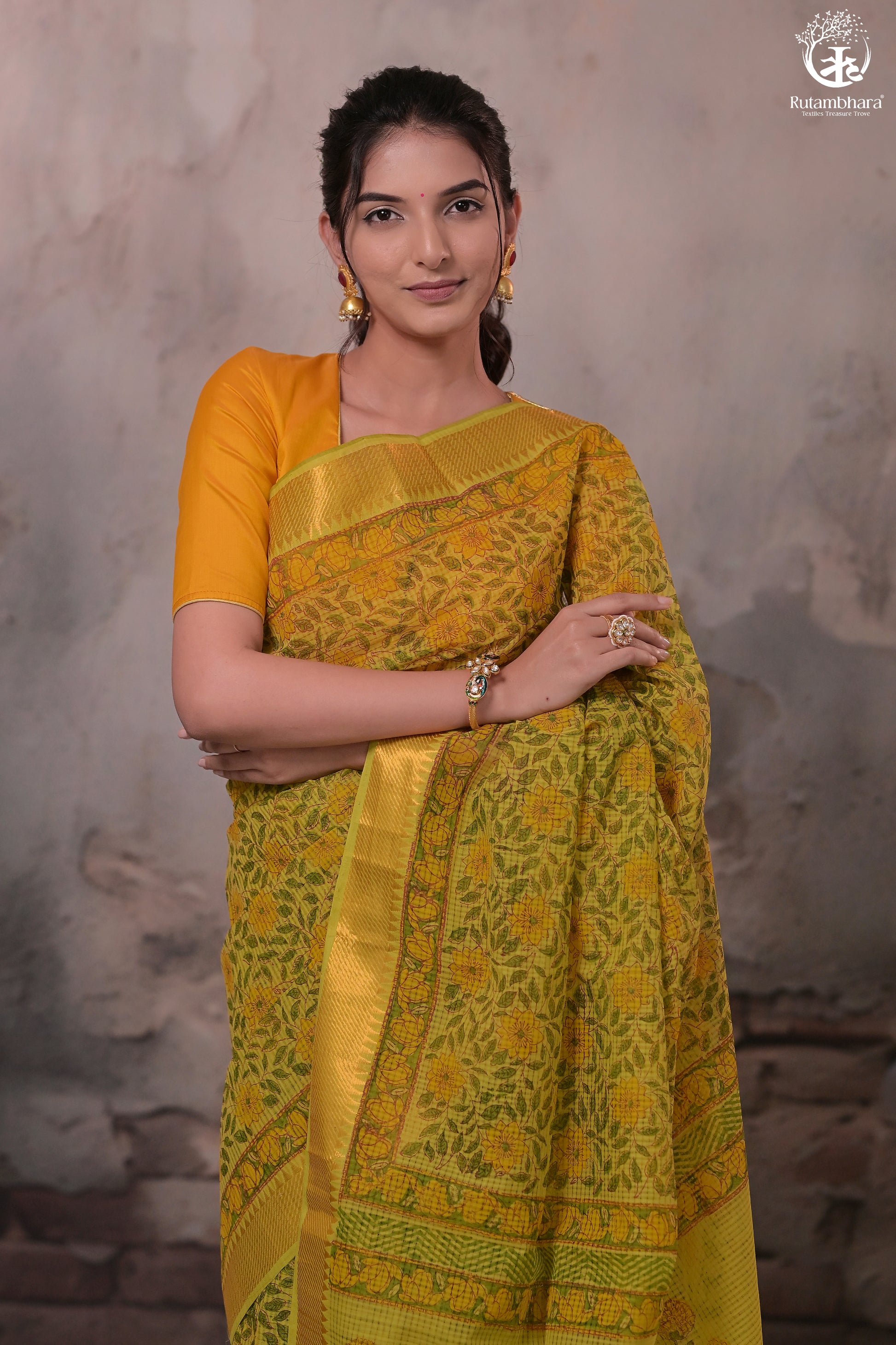 Siyahi - Green Handwoven Hand Block Printed Gold Zari Border Cotton Saree-Rutambhara-RUTAMBHARA