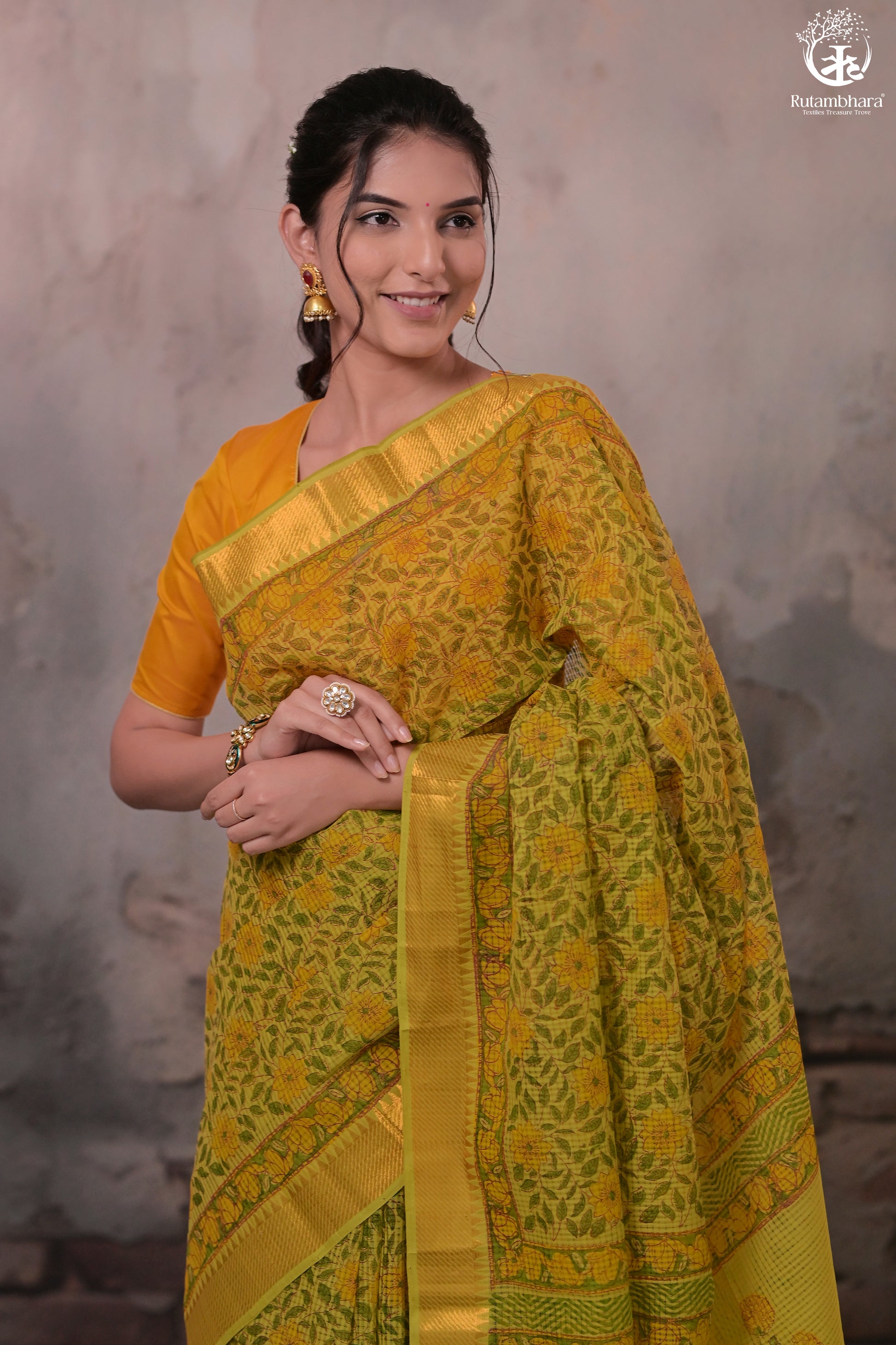 Siyahi - Green Handwoven Hand Block Printed Gold Zari Border Cotton Saree-Rutambhara-RUTAMBHARA
