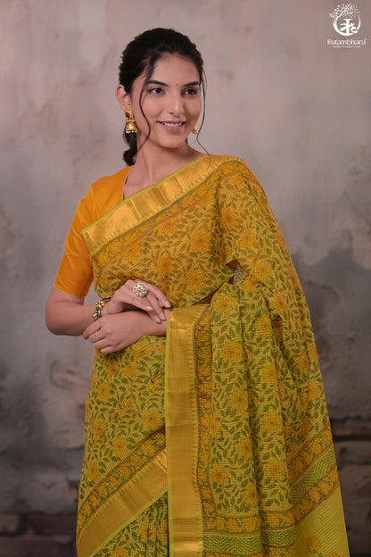 Siyahi - Green Handwoven Hand Block Printed Gold Zari Border Cotton Saree-Rutambhara-RUTAMBHARA