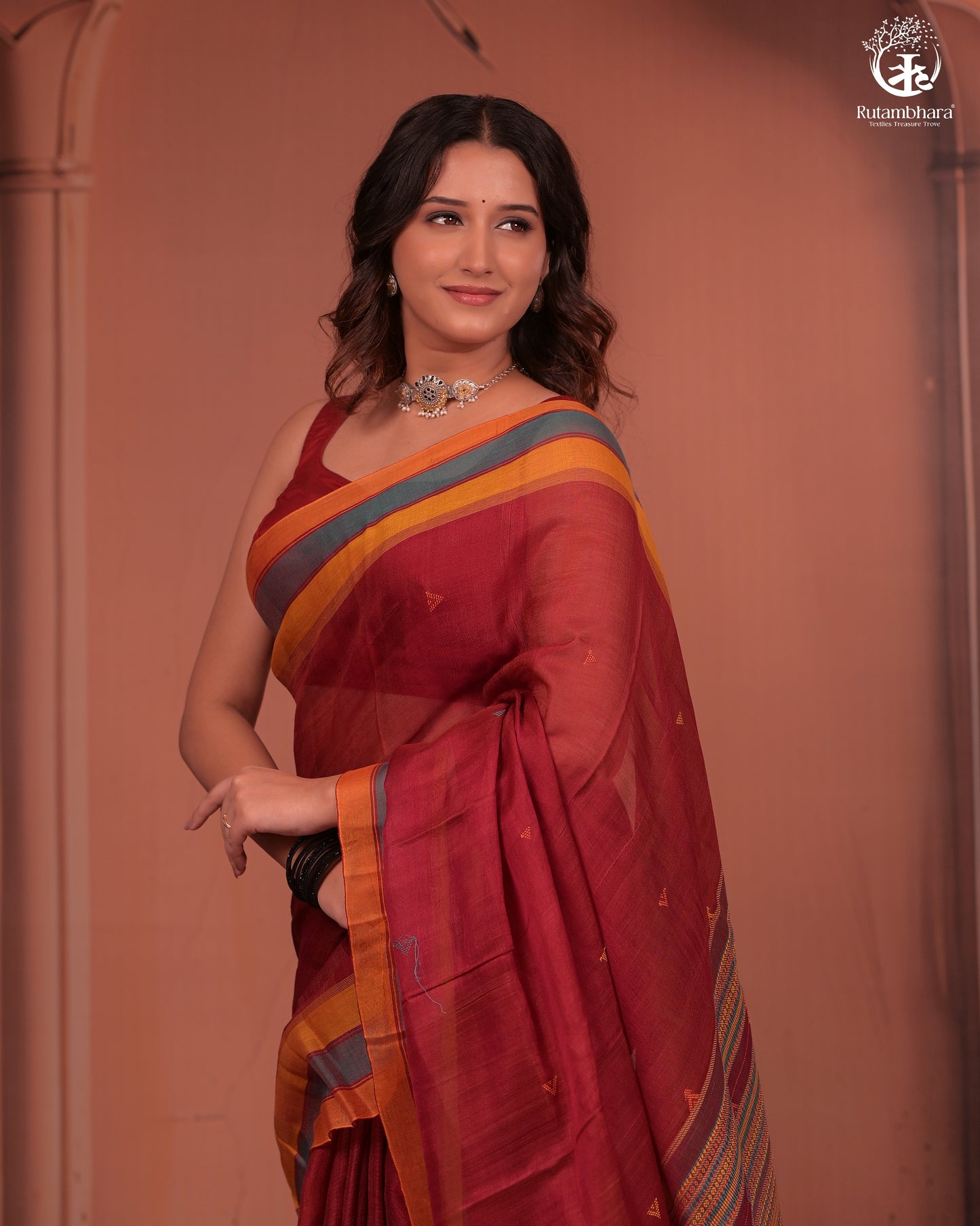 JESAAL -  Handloom Cotton Eri Silk Saree With Kutchhi Craftsmanship