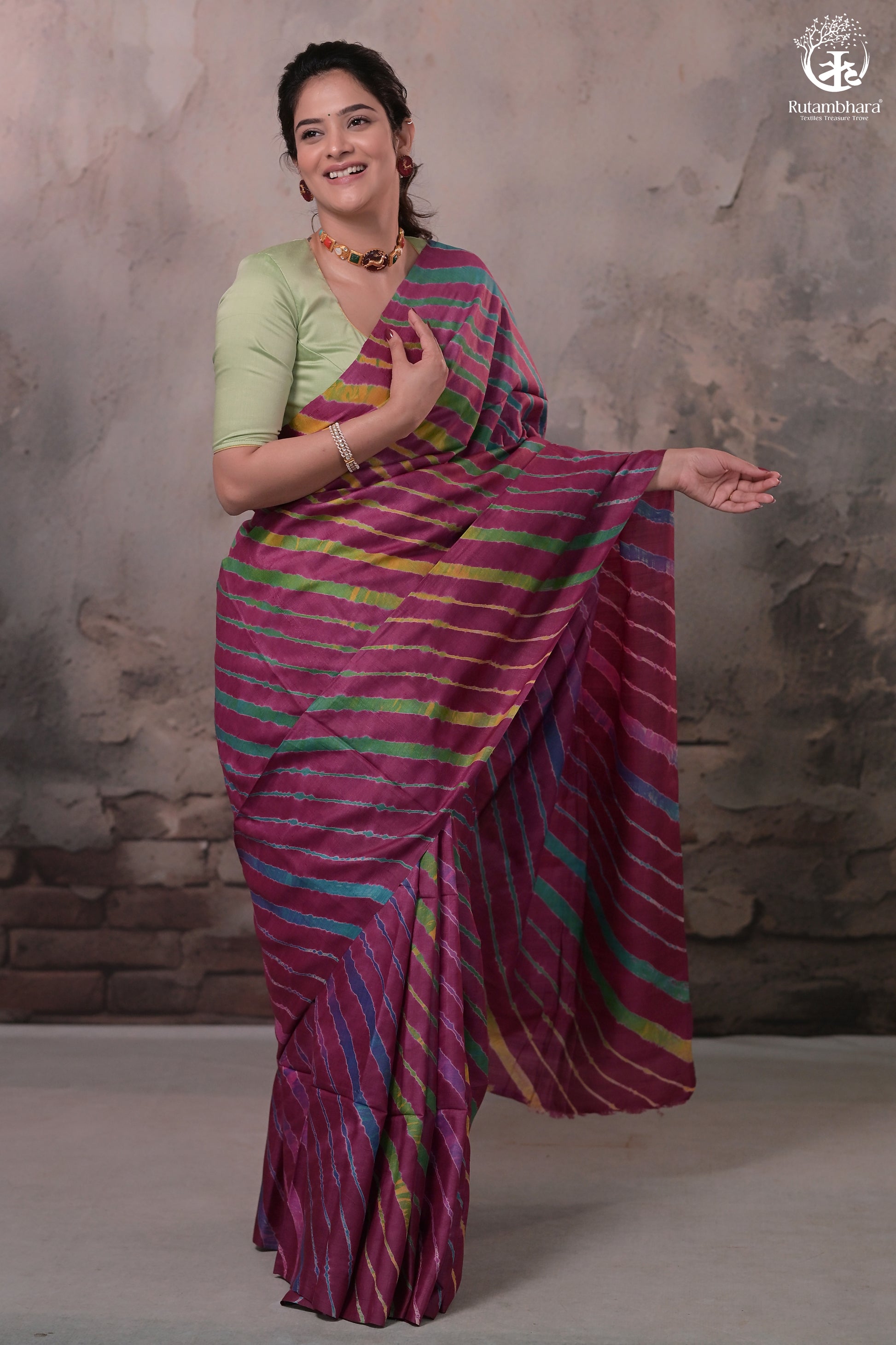 Dhanak - Wine Leheriya Saree In Tussar Silk-Rutambhara-RUTAMBHARA