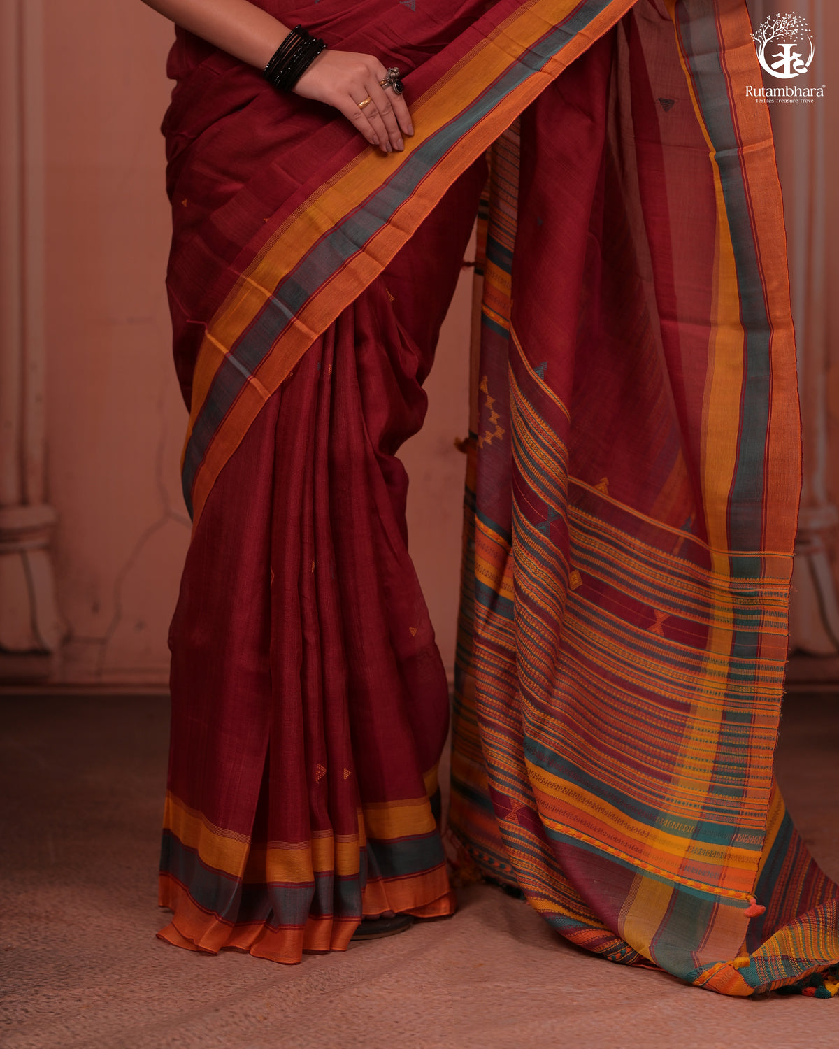 JESAAL -  Handloom Cotton Eri Silk Saree With Kutchhi Craftsmanship