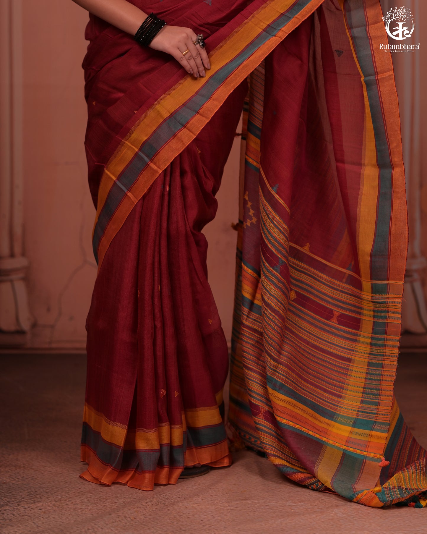 JESAAL -  Handloom Cotton Eri Silk Saree With Kutchhi Craftsmanship