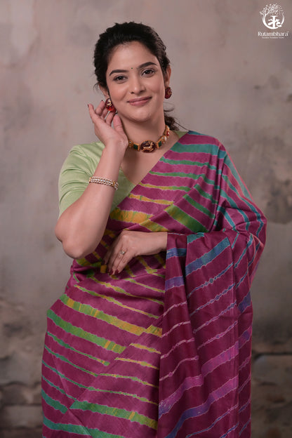 Dhanak - Wine Leheriya Saree In Tussar Silk-Rutambhara-RUTAMBHARA
