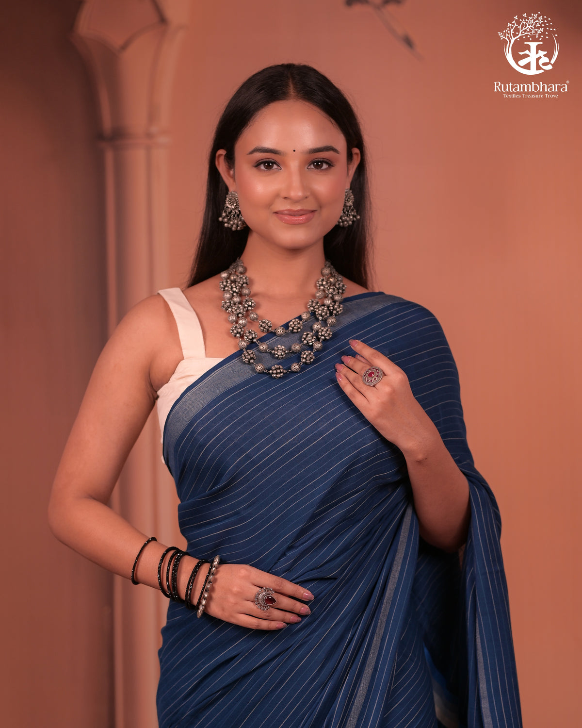 JESAAL - Handcrafted Indigo Cotton-Bamboo Saree with Kutchi Weave