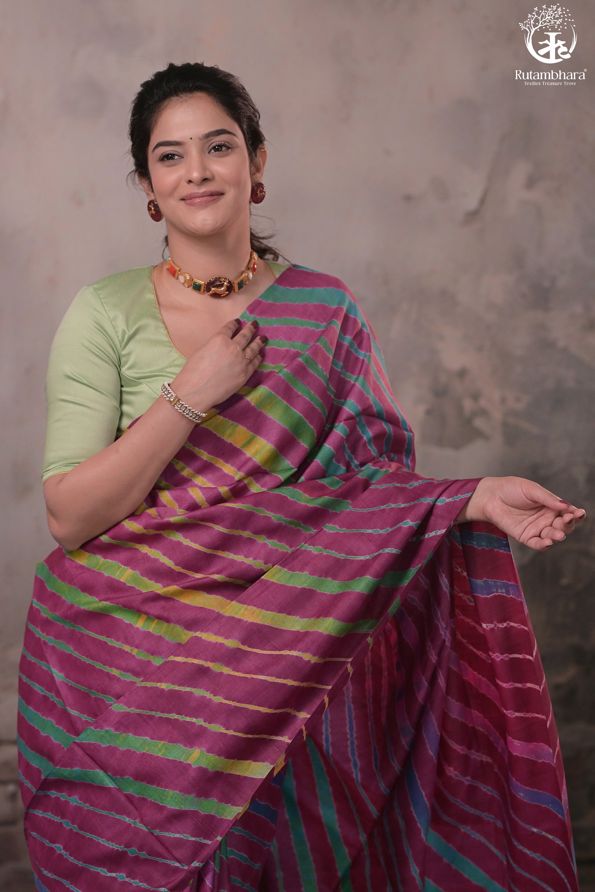 Dhanak - Wine Leheriya Saree In Tussar Silk-Rutambhara-RUTAMBHARA