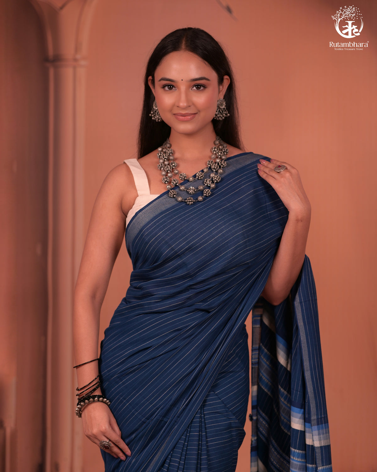 JESAAL - Handcrafted Indigo Cotton-Bamboo Saree with Kutchi Weave