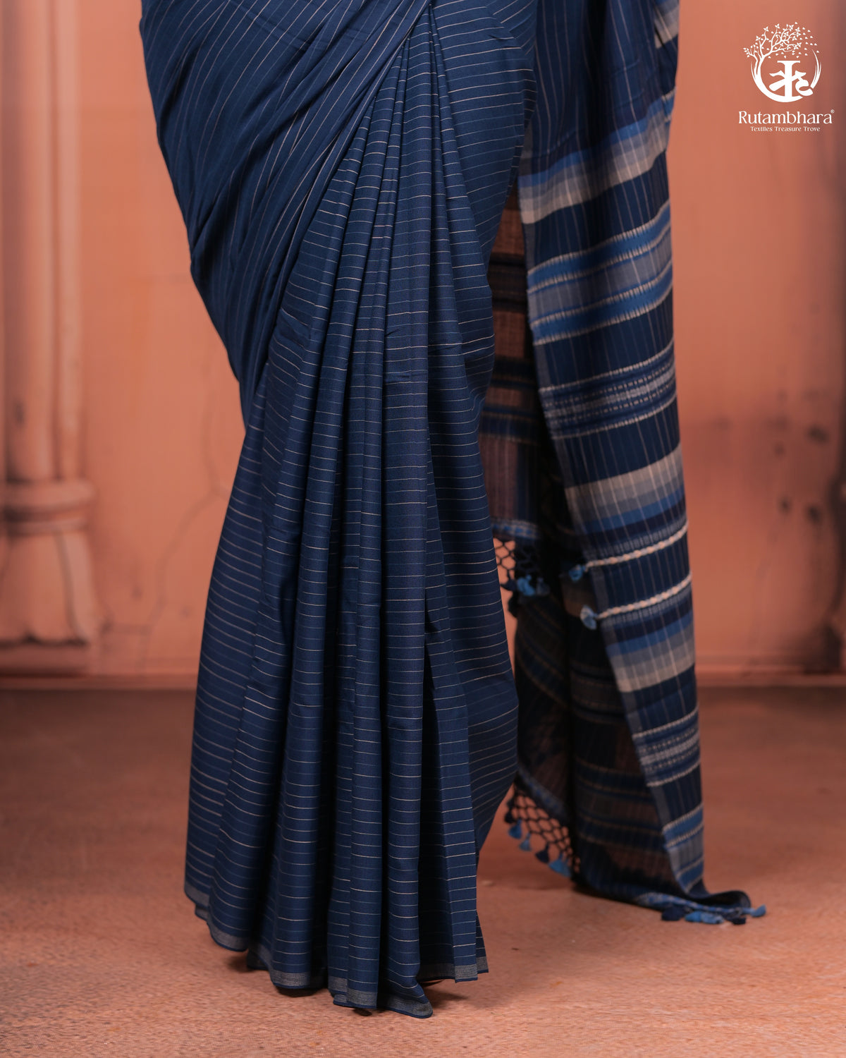 JESAAL - Handcrafted Indigo Cotton-Bamboo Saree with Kutchi Weave