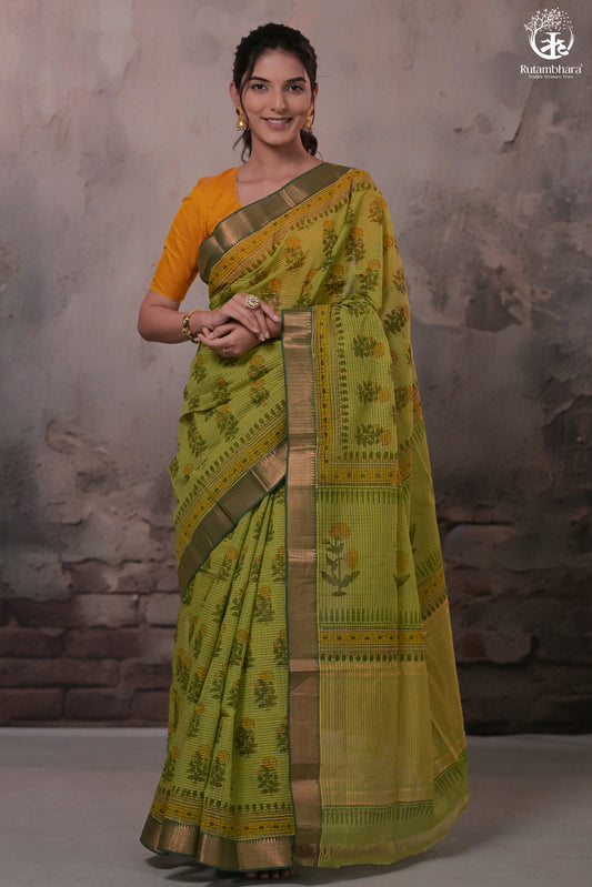 Siyahi - Parrot Green Handwoven Hand Block Printed Gold Zari Border Cotton Saree