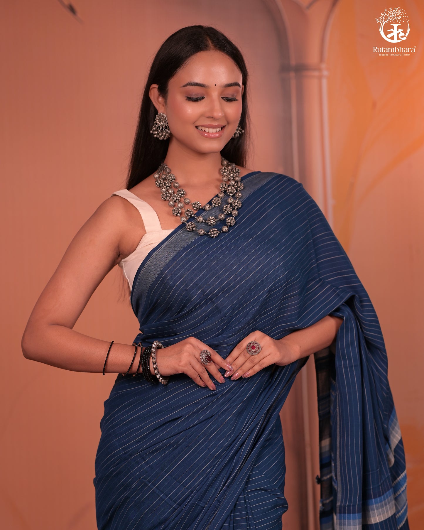 JESAAL - Handcrafted Indigo Cotton-Bamboo Saree with Kutchi Weave