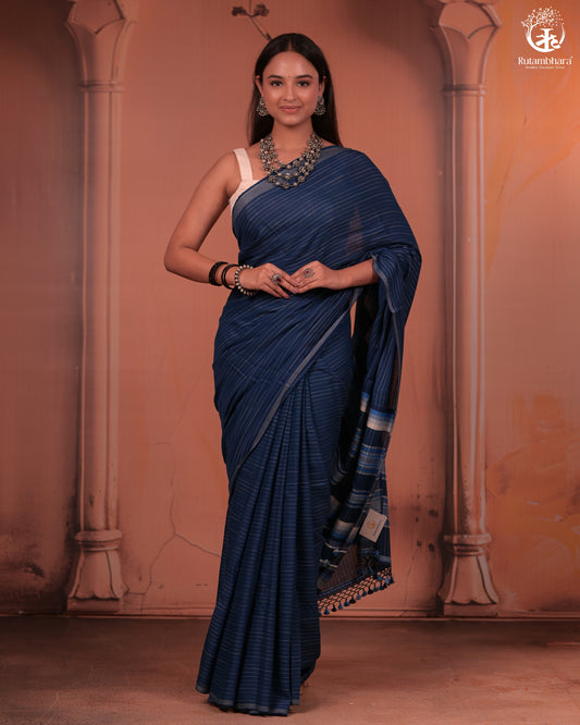 JESAAL - Handcrafted Indigo Cotton-Bamboo Saree with Kutchi Weave