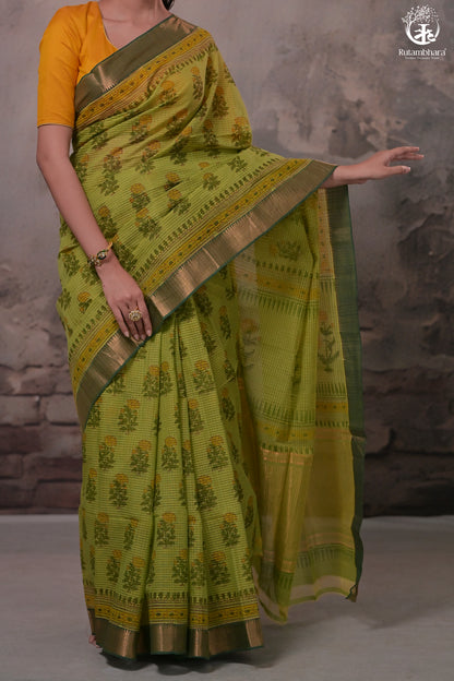 Siyahi - Parrot Green Handwoven Hand Block Printed Gold Zari Border Cotton Saree-Rutambhara-RUTAMBHARA