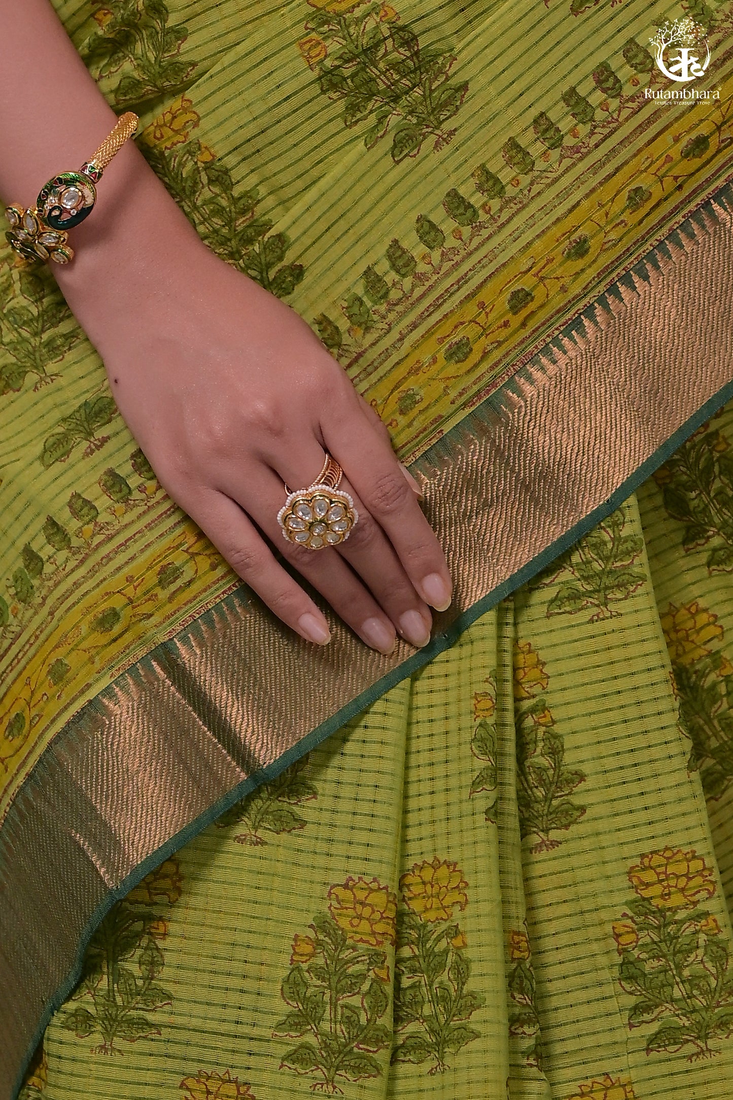 Siyahi - Parrot Green Handwoven Hand Block Printed Gold Zari Border Cotton Saree