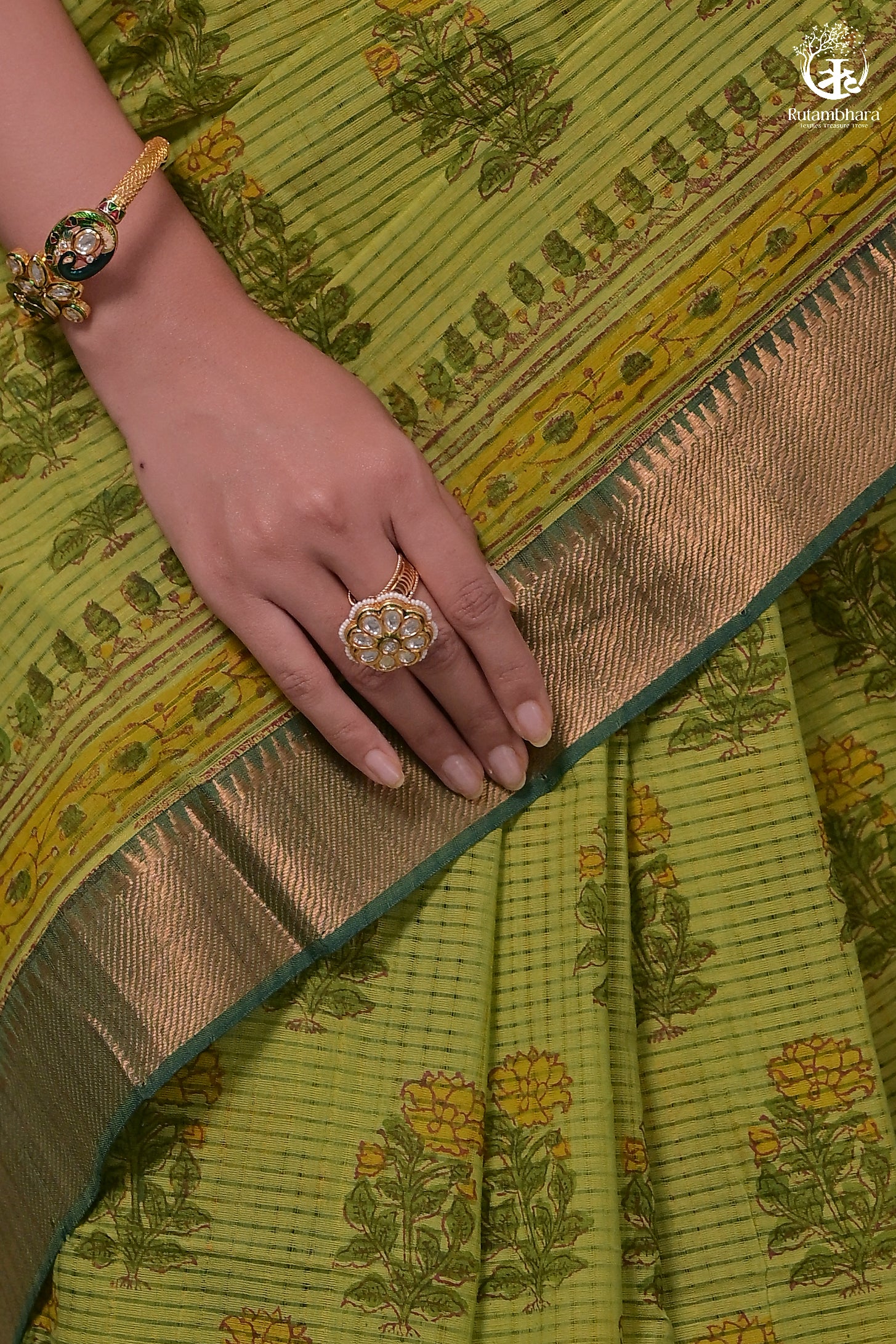 Siyahi - Parrot Green Handwoven Hand Block Printed Gold Zari Border Cotton Saree-Rutambhara-RUTAMBHARA