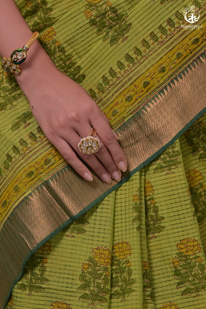 Siyahi - Parrot Green Handwoven Hand Block Printed Gold Zari Border Cotton Saree-Rutambhara-RUTAMBHARA