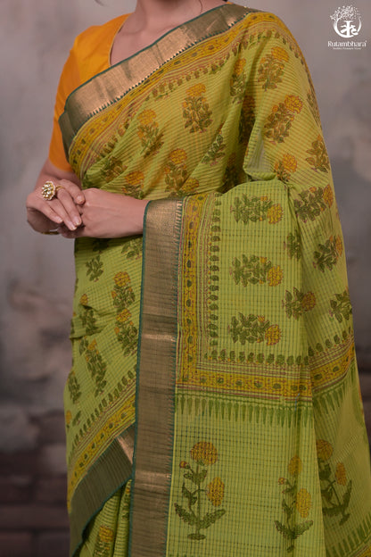 Siyahi - Parrot Green Handwoven Hand Block Printed Gold Zari Border Cotton Saree-Rutambhara-RUTAMBHARA