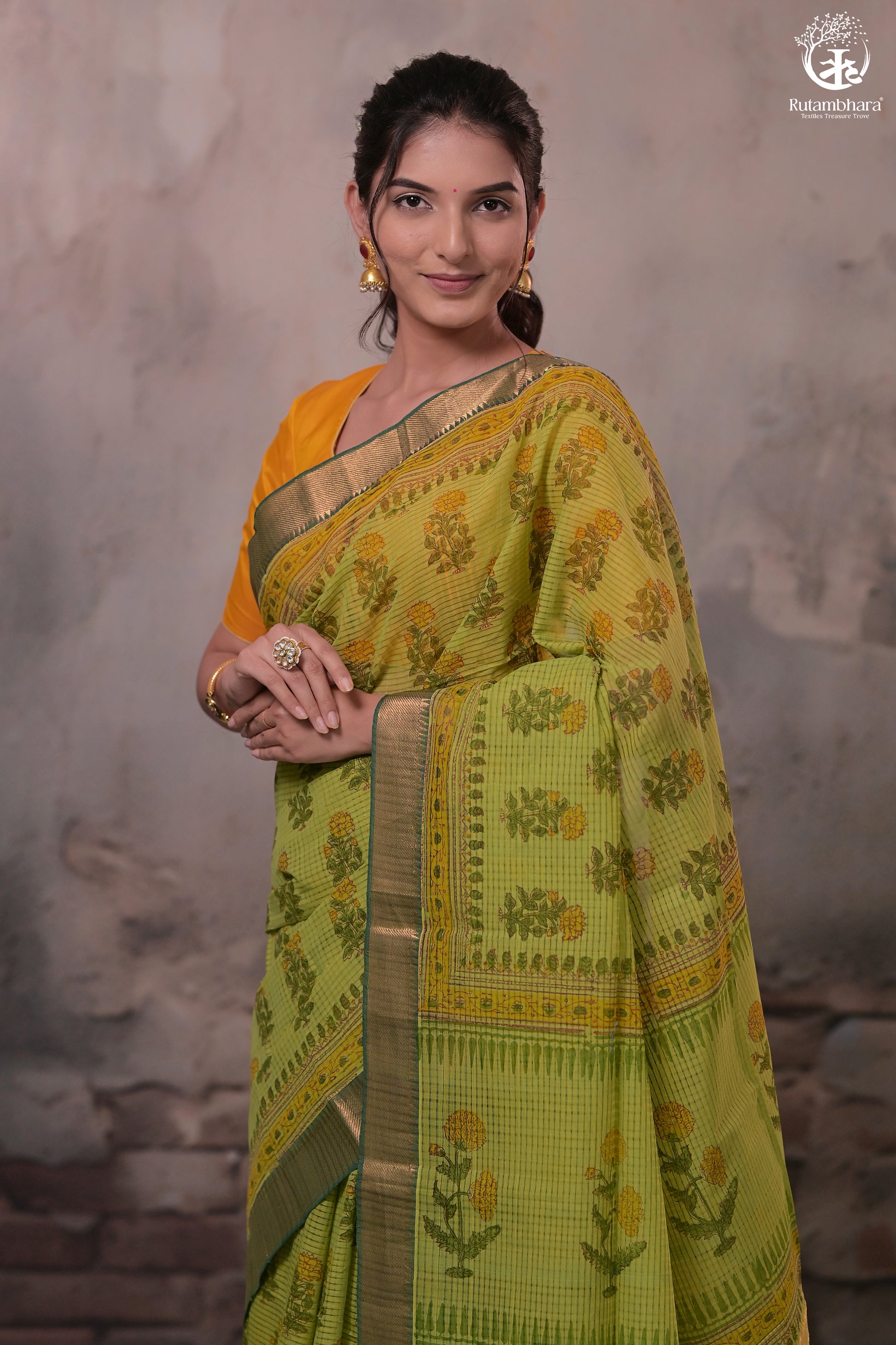 Siyahi - Parrot Green Handwoven Hand Block Printed Gold Zari Border Cotton Saree-Rutambhara-RUTAMBHARA