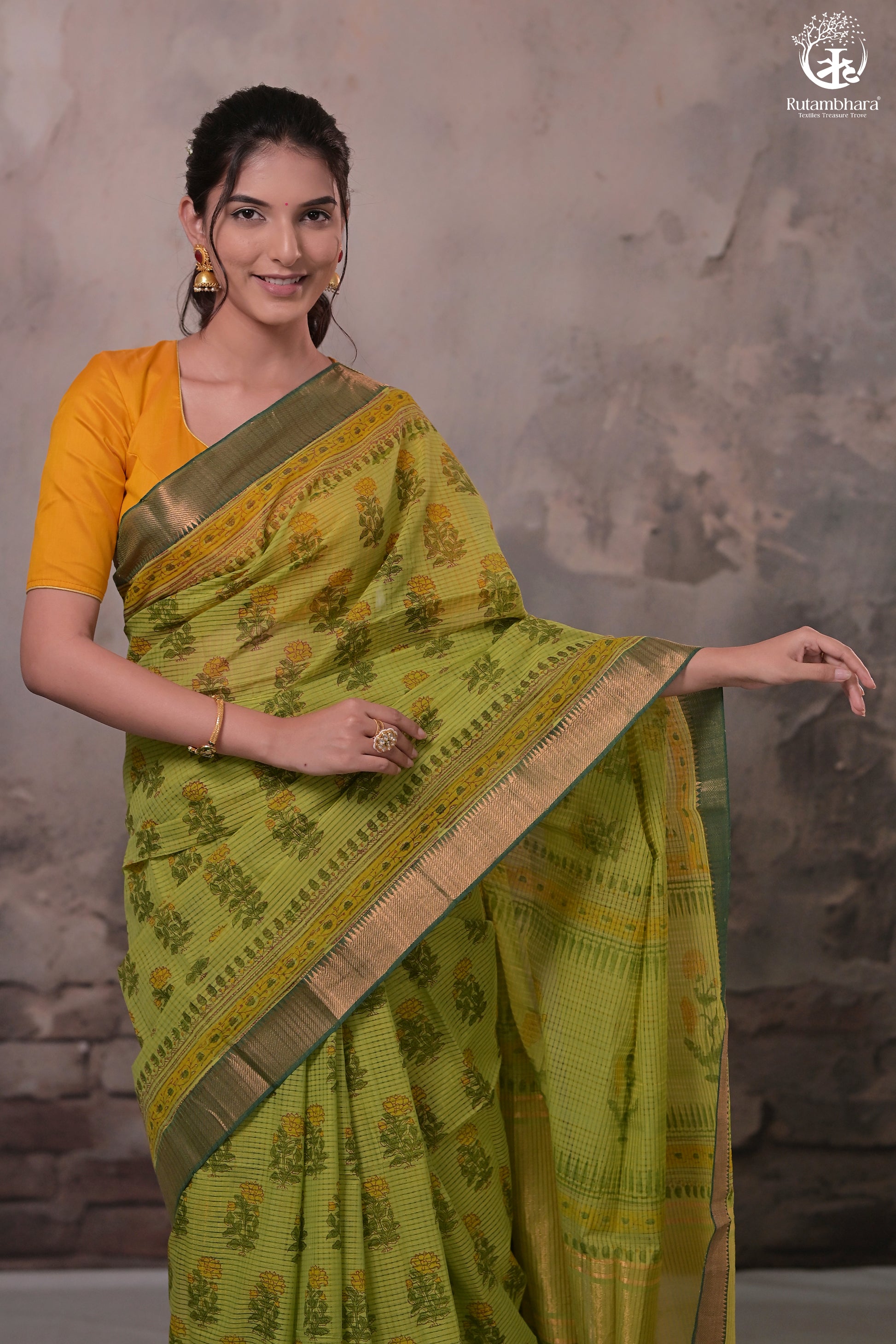 Siyahi - Parrot Green Handwoven Hand Block Printed Gold Zari Border Cotton Saree-Rutambhara-RUTAMBHARA