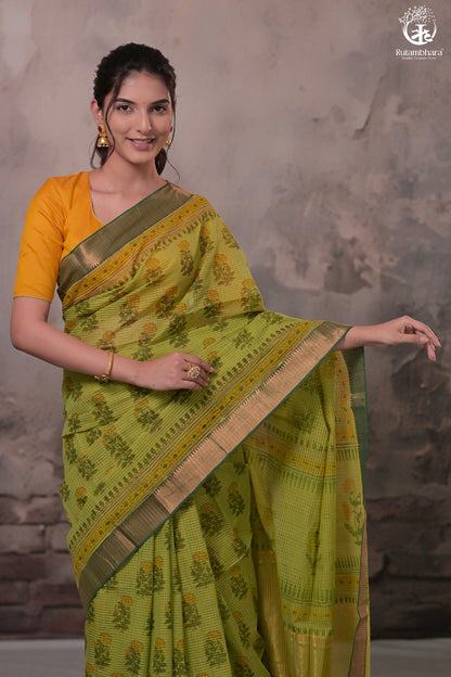Siyahi - Parrot Green Handwoven Hand Block Printed Gold Zari Border Cotton Saree-Rutambhara-RUTAMBHARA