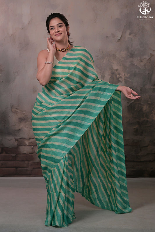 Dhanak - Jade Green N Off White Leheriya Saree In Tussar Silk