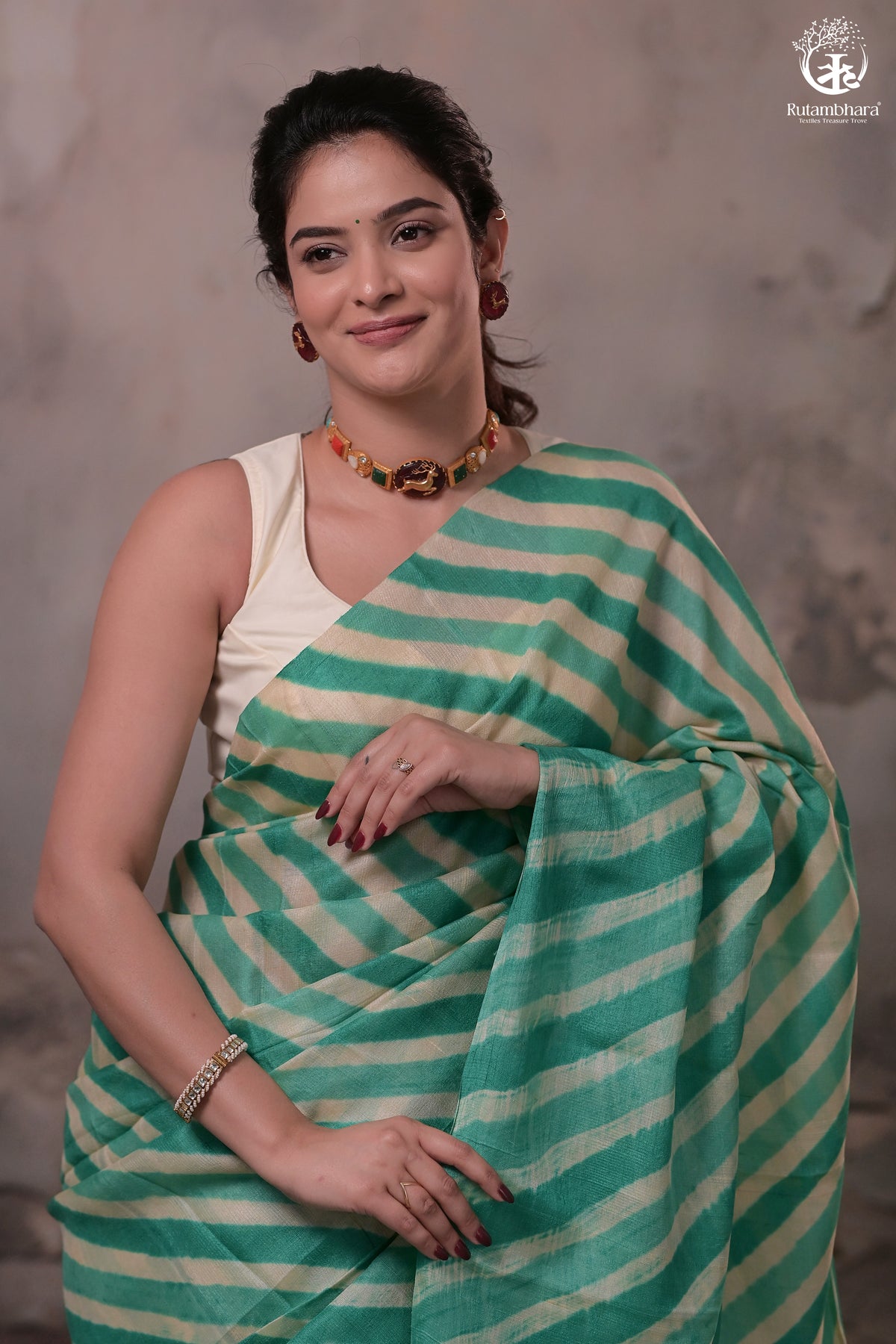Dhanak - Jade Green N Off White Leheriya Saree In Tussar Silk