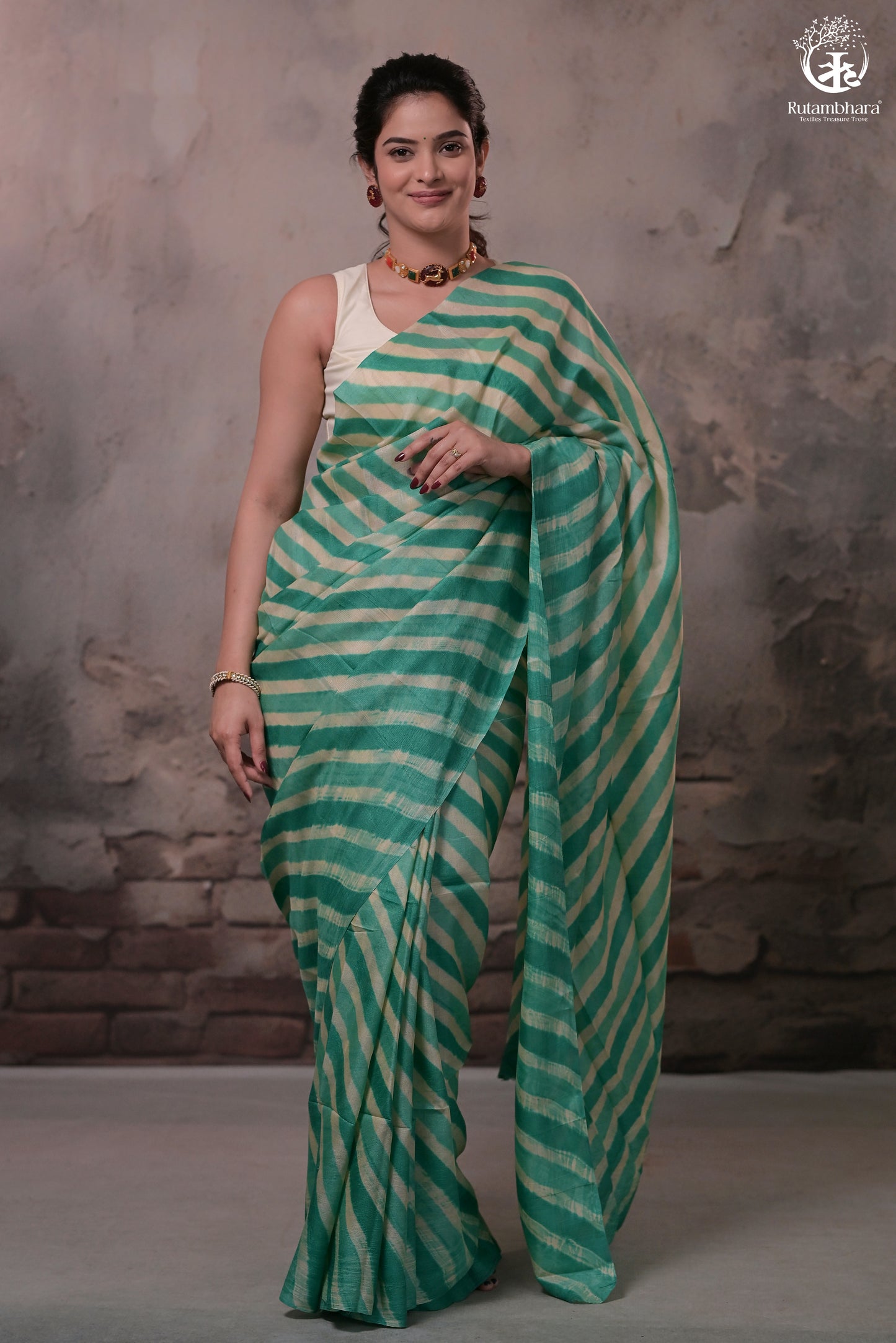 Dhanak - Jade Green N Off White Leheriya Saree In Tussar Silk