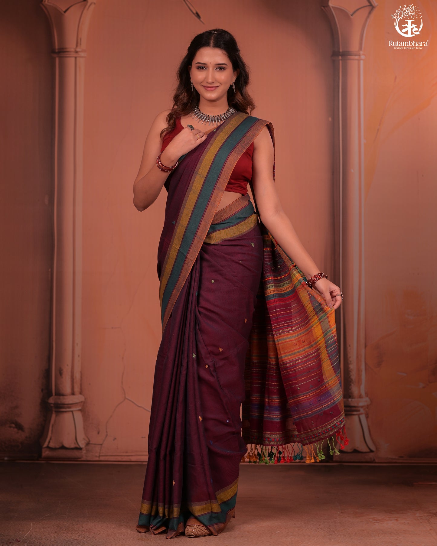 JESAAL - Wine Purple Handloom Cotton Saree with Kutchi Weave Pallu