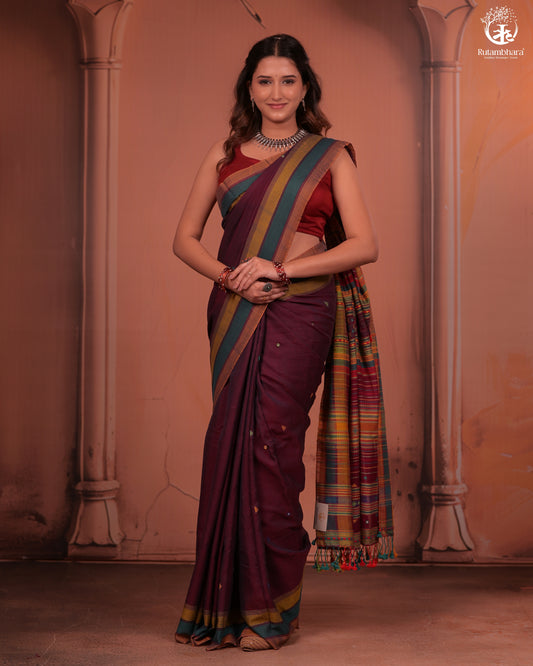 JESAAL - Wine Purple Handloom Cotton Saree with Kutchi Weave Pallu