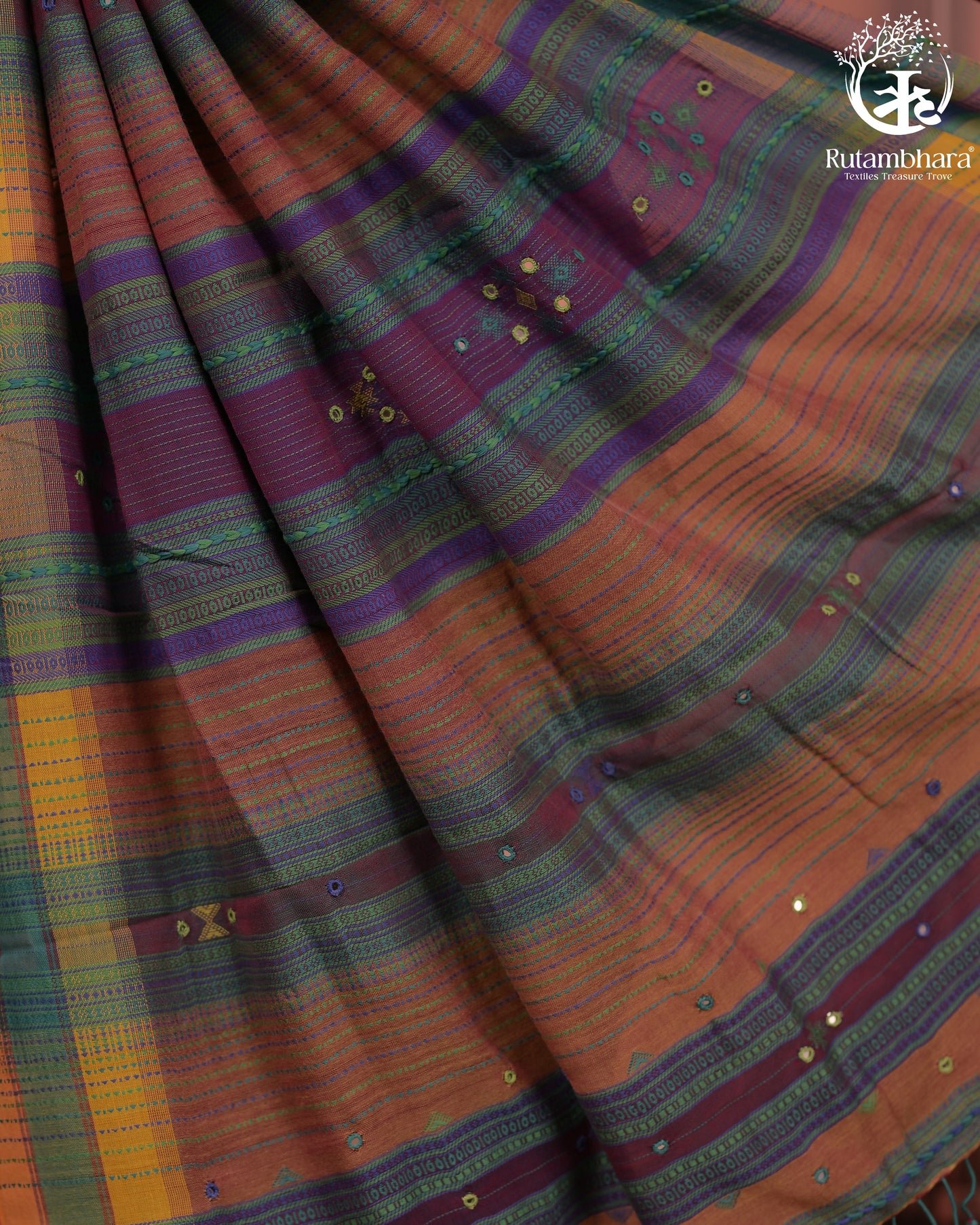 JESAAL - Elegant Handloom Cotton Saree In Plumb With Vibrant Kutchhi Pallu.