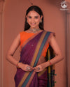 JESAAL - Elegant Handloom Cotton Saree In Plumb With Vibrant Kutchhi Pallu.