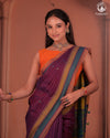 JESAAL - Elegant Handloom Cotton Saree In Plumb With Vibrant Kutchhi Pallu.