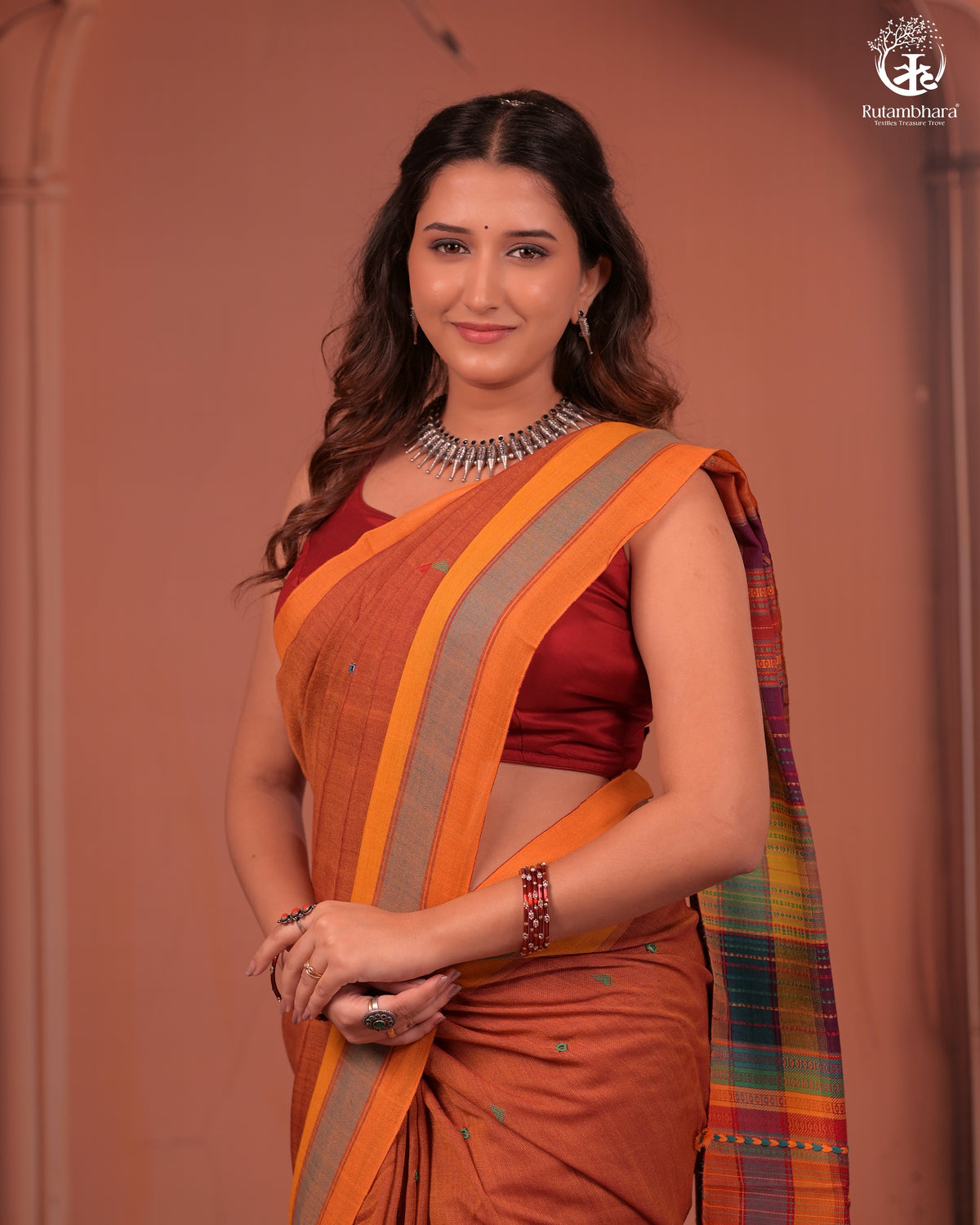 JESAAL - Artisanal Kutchhi Handwoven Cotton Saree with Colorful Pallu