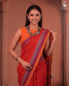 JESAAL - Handwoven Kutchi Weave Cotton Saree in Rust Red with Multicolour Pallu
