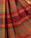 JESAAL - Handwoven Kutchi Weave Cotton Saree in Rust Red with Multicolour Pallu