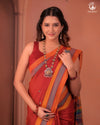 JESAAL - Classic Rust Kutchhi  Cotton Saree with Multicolor Pallu