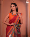 JESAAL - Handwoven Kutchi Weave Cotton Saree in Rust Red with Multicolour Pallu