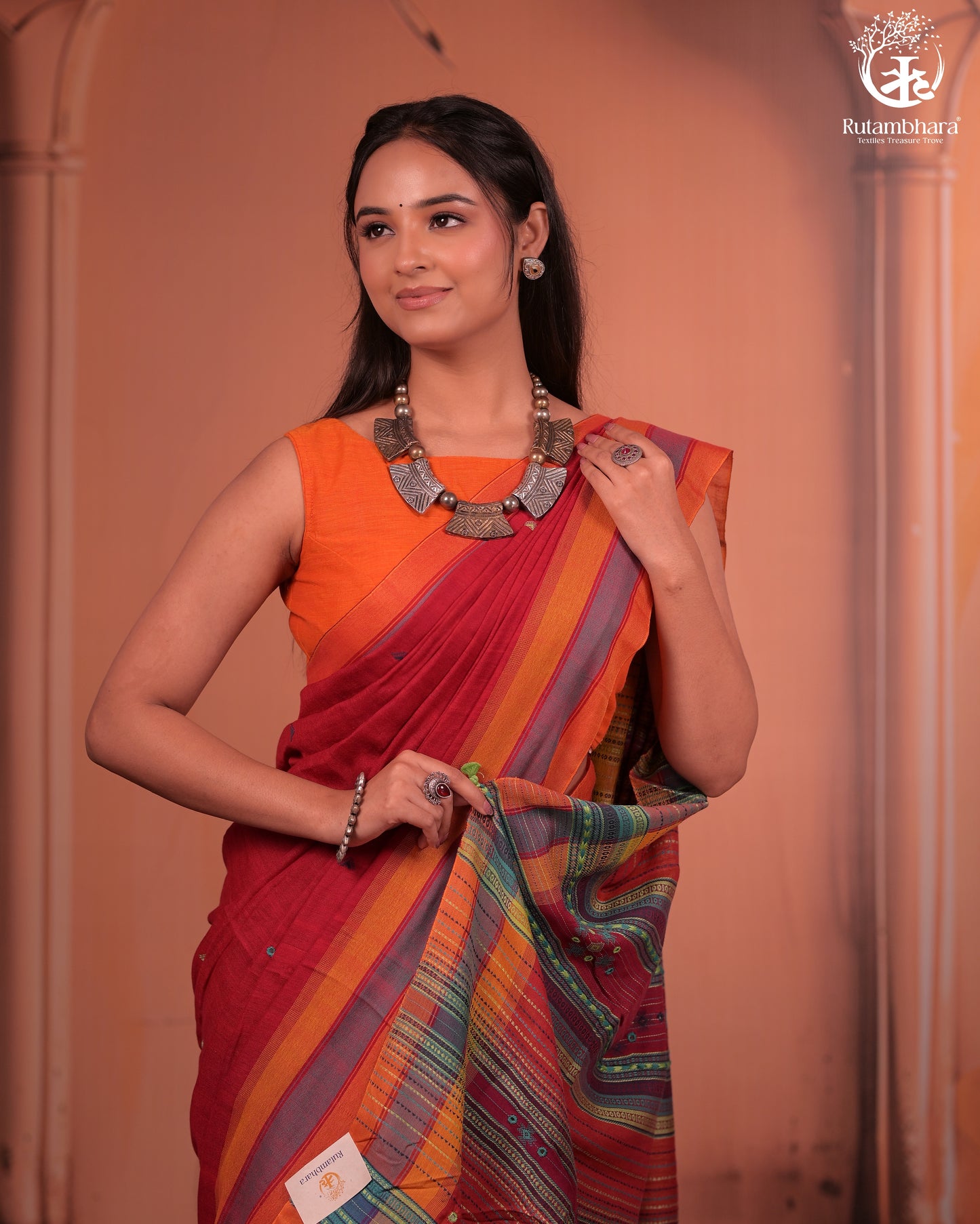 JESAAL - Handwoven Kutchi Weave Cotton Saree in Rust Red with Multicolour Pallu