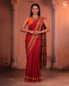 JESAAL - Handwoven Kutchi Weave Cotton Saree in Rust Red with Multicolour Pallu