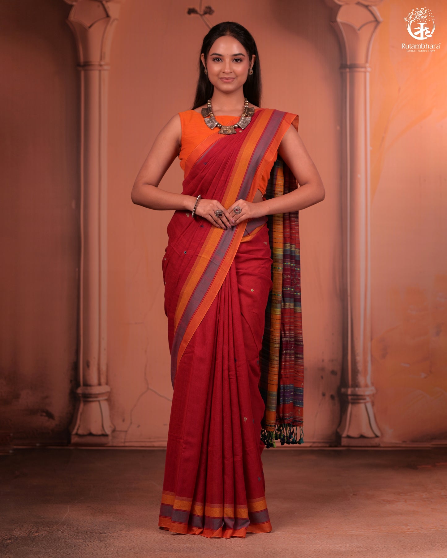 JESAAL - Handwoven Kutchi Weave Cotton Saree in Rust Red with Multicolour Pallu
