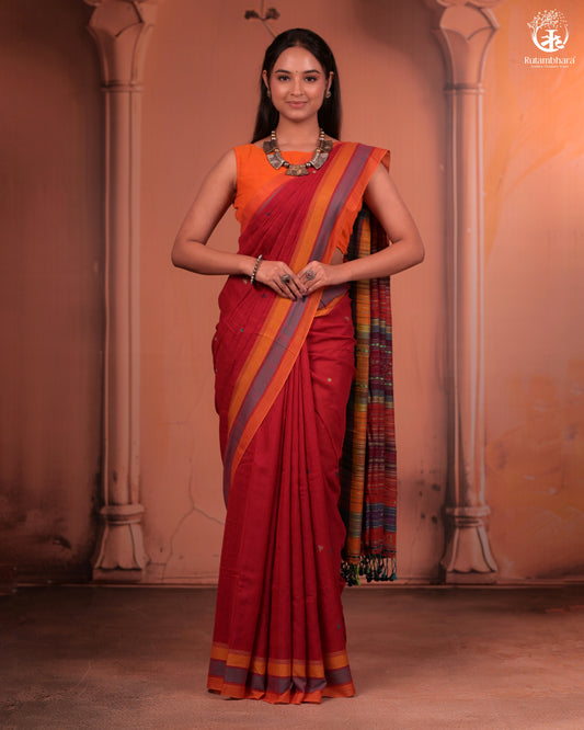 JESAAL - Handwoven Kutchi Weave Cotton Saree in Rust Red with Multicolour Pallu