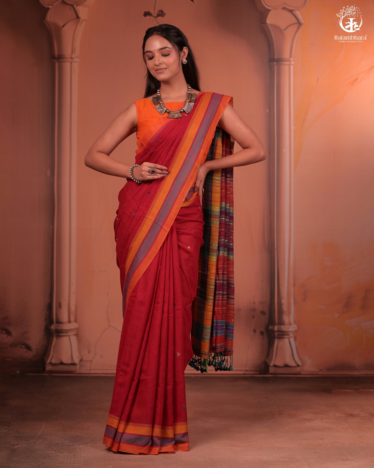 JESAAL - Handwoven Kutchi Weave Cotton Saree in Rust Red with Multicolour Pallu